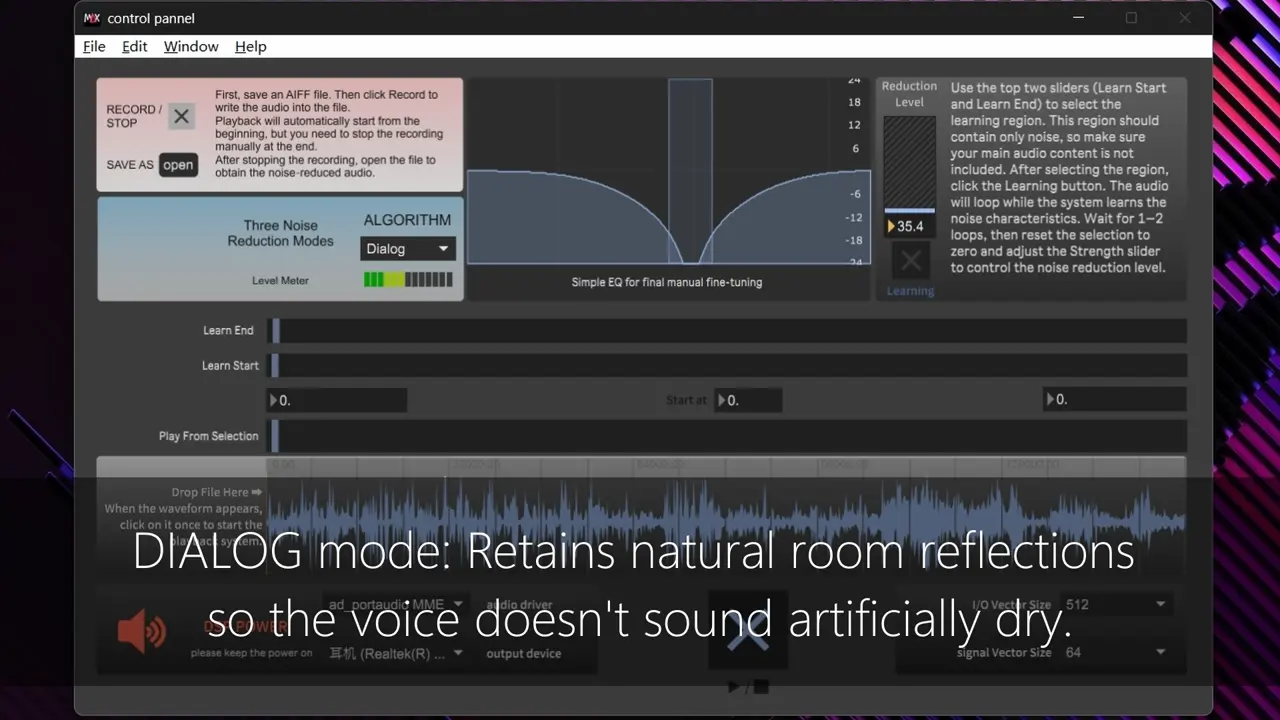Interface from the Noise reduction & MIDI demonstration